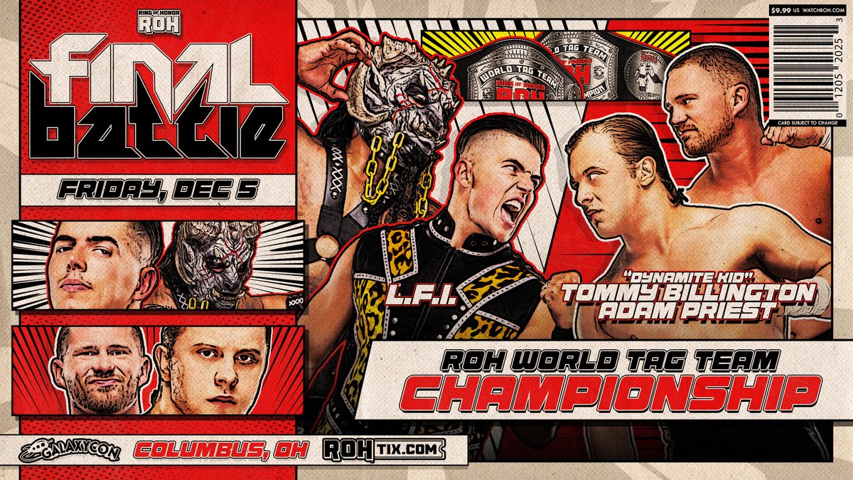 Due to RUSH’s injury, the ROH World Tag Team Championships are held up.

So it will now be Sammy Guevara/Beast Mortos vs Adam Priest/Tommy Billington to crown new tag champs at Final Battle next week!