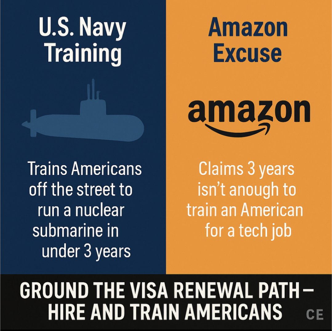 EngineerChiefCE's tweet image. Torpedo the Visa Renewal Path

If the U.S. Navy can take someone off the street and train them to operate a nuclear submarine in under three years…

Then Amazon can train an American to do a tech job in that same time.

The truth is simple: every H-1B renewal proves the job was…