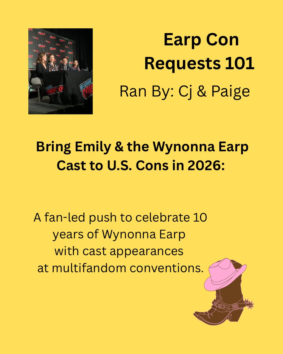 #Earpers 🚨 Welcome to Earp Con Requests 101 a fan led campaign to help bring the cast and Emily to Multifandom cons in the US in 2026. Where we work together as one to make this happen! #WynonnaEarp #EarpConRequests101