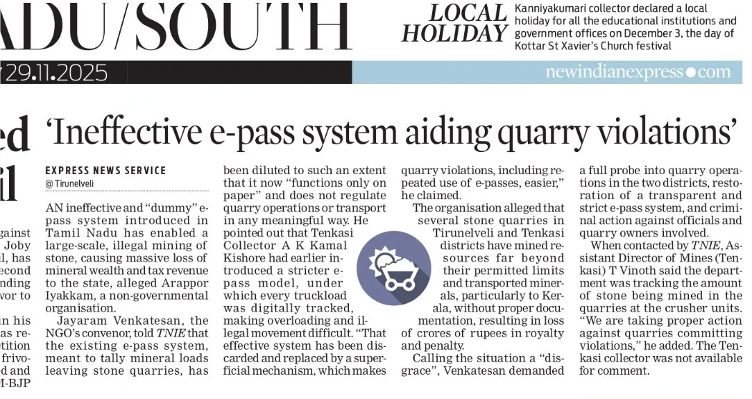 thinak_'s tweet image. #MineralSmuggling: An ineffective and &quot;dummy&quot; e-pass system introduced in Tamil Nadu has enabled a large-scale, illegal mining of stone, causing massive loss of mineral wealth and tax revenue to the state, alleged @Arappor. Jayaram Venkatesan, the NGO&apos;s convenor, told TNIE that…