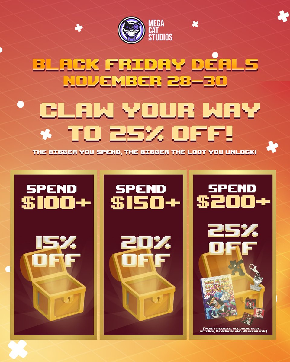 megacatstudios's tweet image. Claw your way to big wins this #BlackFriday! 🎮

Stock up until November 30th and unlock more discounts and freebies the more you spend. From stickers to mystery pins, max out your cart and claim your treasures!

Shop here: bit.ly/MCSBFCM2025