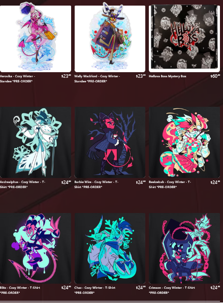 eucheon's tweet image. You still have money after all that Black Friday shopping? Here&apos;s a massive thread of all the items that dropped today on Shark Robot for the Helluva Boss Winter Merch Drop #HelluvaBoss #Merch #SharkRobot