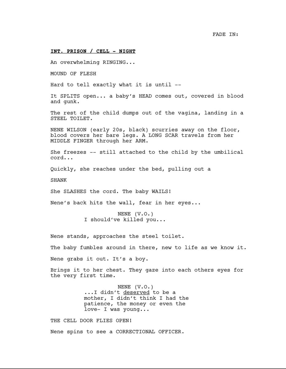byhypedd's tweet image. Fuck it. BABY YOU KNOW First Page:
Logline: After sensing something deeply wrong in her young son, a desperate mother traps him in their burning home to prove the monster she’s certain is living inside him.

A necessary repairing of Miles &amp;amp; Wunmi
#screenwriting