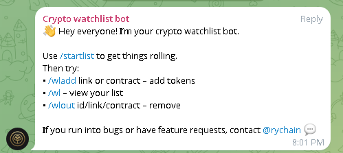 RychainV2's tweet photo. Quick TG bot update:

Today’s release brings major upgrades to the Telegram Watchlist Bot @royaloaklistbot (on TG)

🧠 Add/remove tokens by Dex link or contract

📈 /wlmc now shows live MC, % change, and Dex link

📌 Auto-pins latest watchlist updates

👋 New welcome message for new groups 

⚡ Performance + data stability improvements