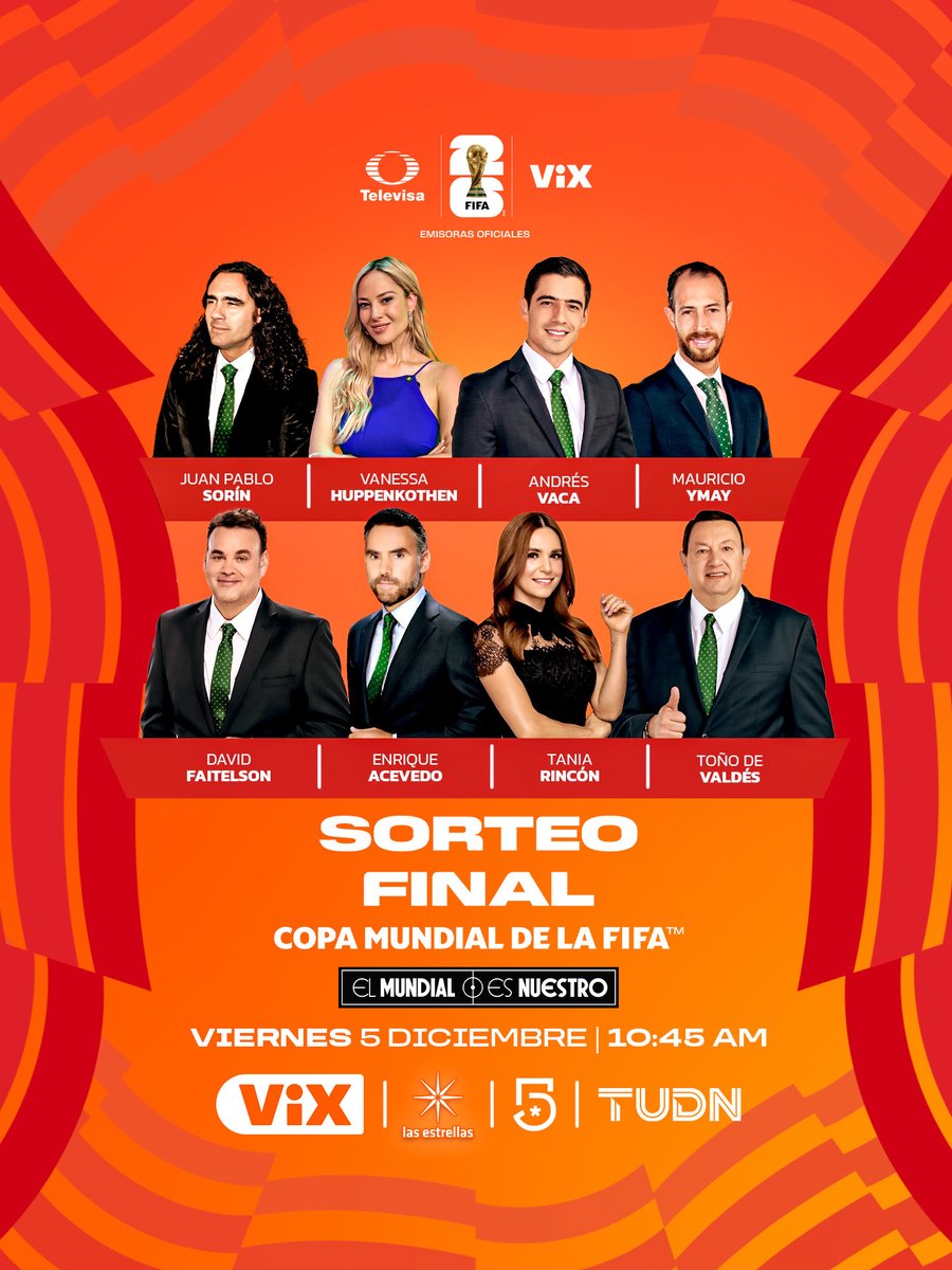 #ElMundialEsNuestro y la cuenta regresiva comienza en el Sorteo Final🤩

🎙️<a href="/jpsorin6/">Juan Pablo Sorin</a>, <a href="/vanehupp/">Vanessa Huppenkothen</a>, <a href="/Andres_Vaca_/">Andrés Vaca</a>, <a href="/MauricioYmay/">Mauricio Ymay</a>, <a href="/DavidFaitelson_/">David Faitelson</a>, <a href="/Enrique_Acevedo/">Enrique Acevedo</a>, <a href="/taniarin/">Tania Rincón</a>, <a href="/adevaldes/">Antonio de Valdés</a>

VIERNES 5 DE DICIEMBRE | <a href="/VIX/">ViX</a>, <a href="/Canal_Estrellas/">Las Estrellas</a>, <a href="/MiCanal5/">El 5</a> y TUDN🇲🇽📲 l.ead.me/VIXMEX