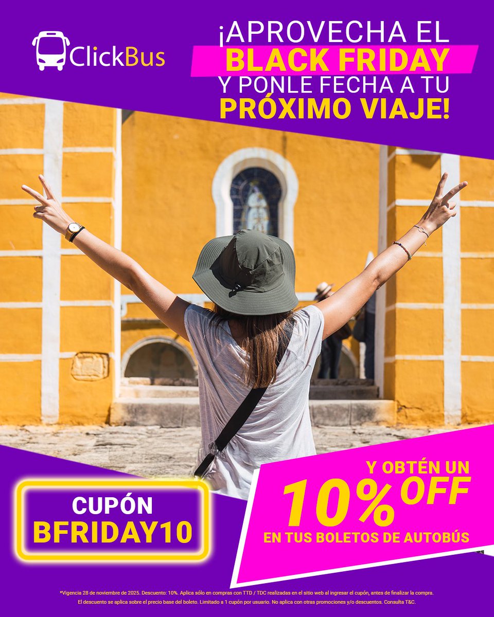 Click_Bus's tweet image. ¡Aprovecha el Black Friday y no te quedes sin viajar! 🔥

Usa el cupón BFRIDAY10 y obtén un 10% Off en tus boletos de autobús 🚍
 
¡Solo por hoy! Consulta T&amp;amp;C

#Ofertas #BlackFriday #ClickBusTeLleva