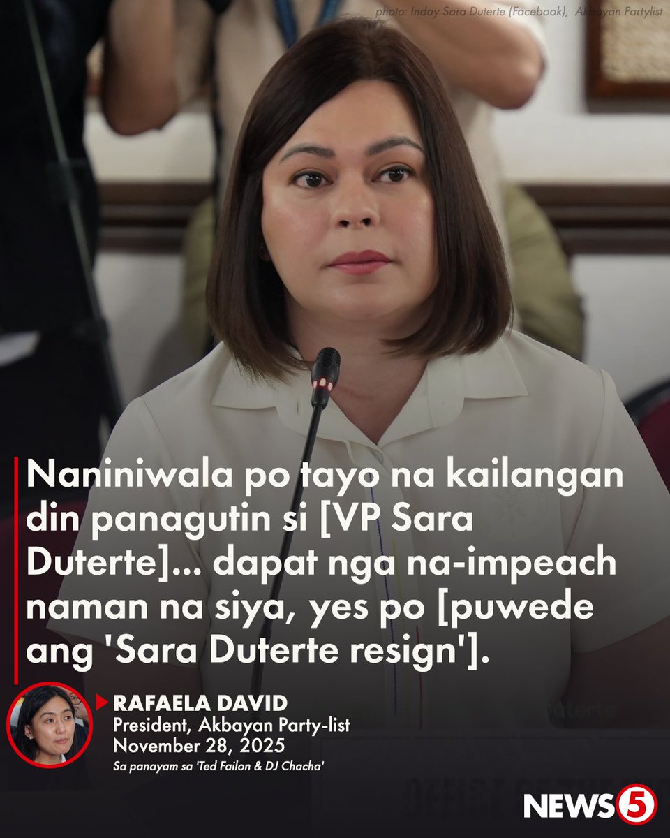 News5PH's tweet image. ‘SARA RESIGN’ PUWEDE, 
‘MARCOS RESIGN’ HINDI? 

Magiging bukas daw ang Akbayan Party-list sa panawagang &quot;Sara Duterte Resign&quot; sa idaraos na Trillion Peso March laban sa korupsyon sa EDSA People Power Monument sa Linggo, Nov. 30.

Ayon kay Akbayan Pres. Rafaela David sa panayam sa…