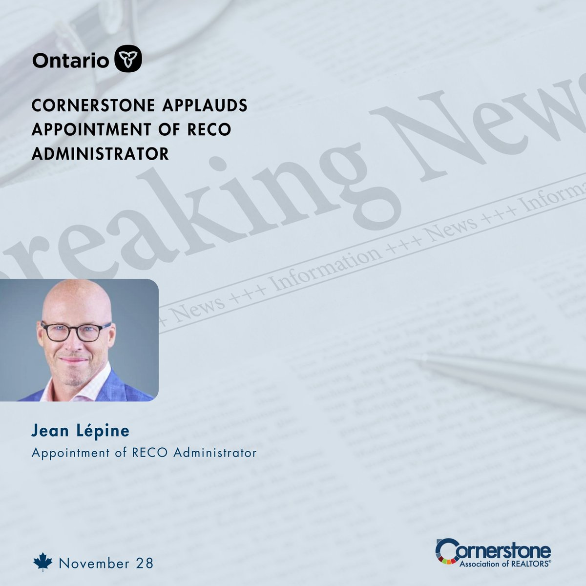 We applauds the <a href="/ONgov/">Ontario Government</a>’s announcement of Jean Lépine as the Administrator for the <a href="/RECOhelps/">RECO</a>. 

We are confident that his background and leadership experience in regulated industries is precisely what RECO needs to improve its practices and procedures. Welcome, Jean! 

#onpoli
