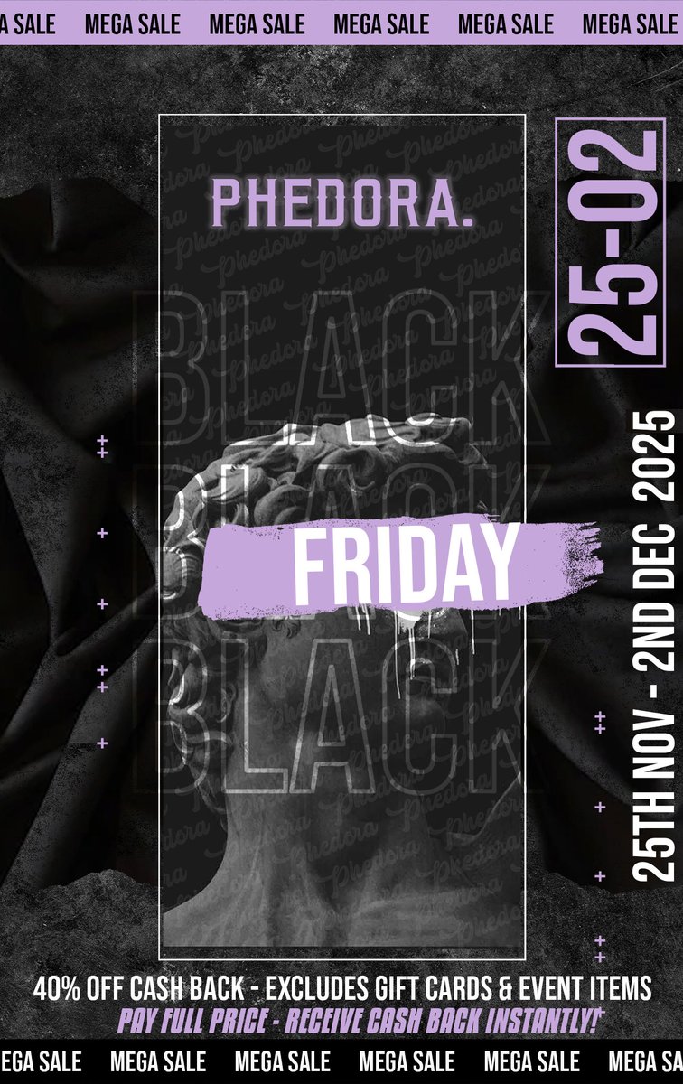 Phedora. 𝗕𝗹𝗮𝗰𝗸 𝗙𝗿𝗶𝗱𝗮𝘆 𝗦𝗔𝗟𝗘𝗦
From November 25th to December 2nd, we’re launching our biggest 40% OFF SALE of the year
➤ Pay full price, get 40% back instantly.
➤ Gift cards, special events, weekend sales are excluded!
➤LM: maps.secondlife.com/secondlife/San…