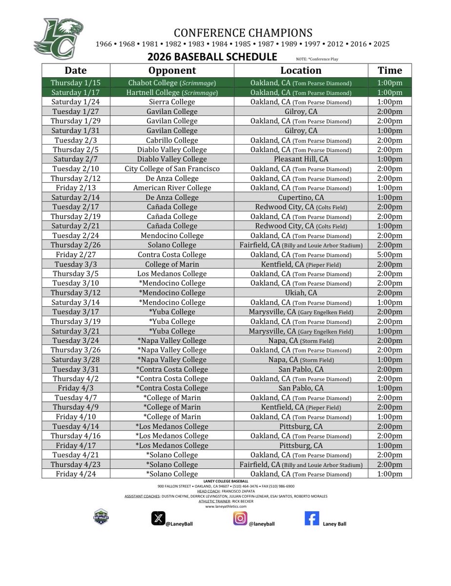 LaneyBall's tweet photo. 2026 Laney Baseball Schedule is here…… @LaneyCollege @PeraltaColleges @CCL_Baseball @_cccaasports #laneybaseball #laneycollege #collegebaseball #jcbaseball #jucobaseball #norcalbaseball #bayvalleyconference #cccaasports #cccbca #laneystrong 💚JB💚 https://t.co/NzlGLlY19s