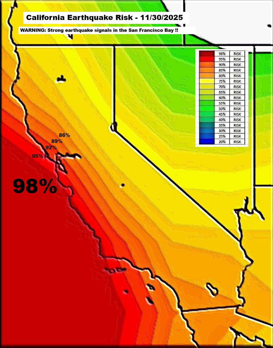 Quakeprediction's tweet image. WARNING: Strong earthquake signals hitting the San Francisco Bay !! - Major earthquake is possible soon. Most likely on 11/30/2025