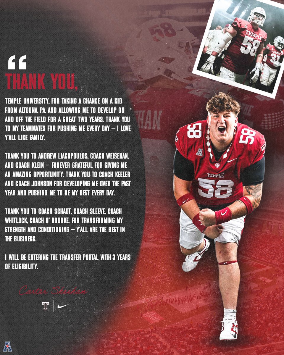 Thank You Temple University for these past two years. 𝐈 𝐚𝐦 𝐄𝐧𝐭𝐞𝐫𝐢𝐧𝐠 𝐭𝐡𝐞 𝐓𝐫𝐚𝐧𝐬𝐟𝐞𝐫 𝐏𝐨𝐫𝐭𝐚𝐥 𝐰𝐢𝐭𝐡 𝟑 𝐲𝐞𝐚𝐫𝐬 𝐨𝐟 𝐞𝐥𝐢𝐠𝐢𝐛𝐢𝐥𝐢𝐭𝐲 𝐫𝐞𝐦𝐚𝐢𝐧𝐢𝐧𝐠.(FBS Transfer) Film coming soon. 

6’4-285LBs Versatile OL

814-381-6557 |