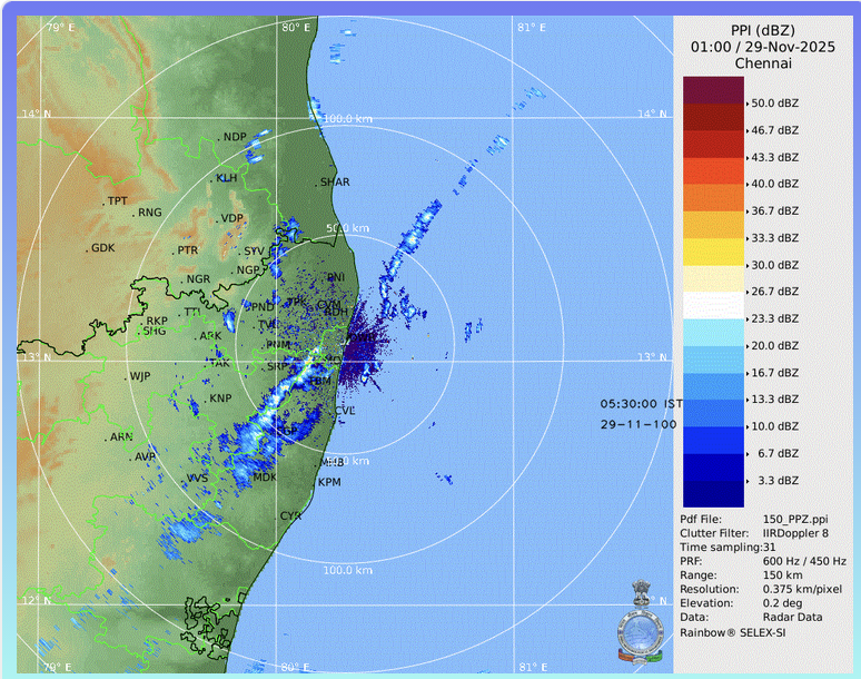 chennaiweather's tweet photo. 7 am update: Rain bands off the Delta coast are showing signs of weakening as # Cyclone Ditwah is lingering over the Northern tip of Srilanka.

Note: Scattered rain over #Chennai is from the feeder band (outflow) and not from the main rain band from #CycloneDitwah, and it will be a narrow line of storms moving towards the centre of the system.