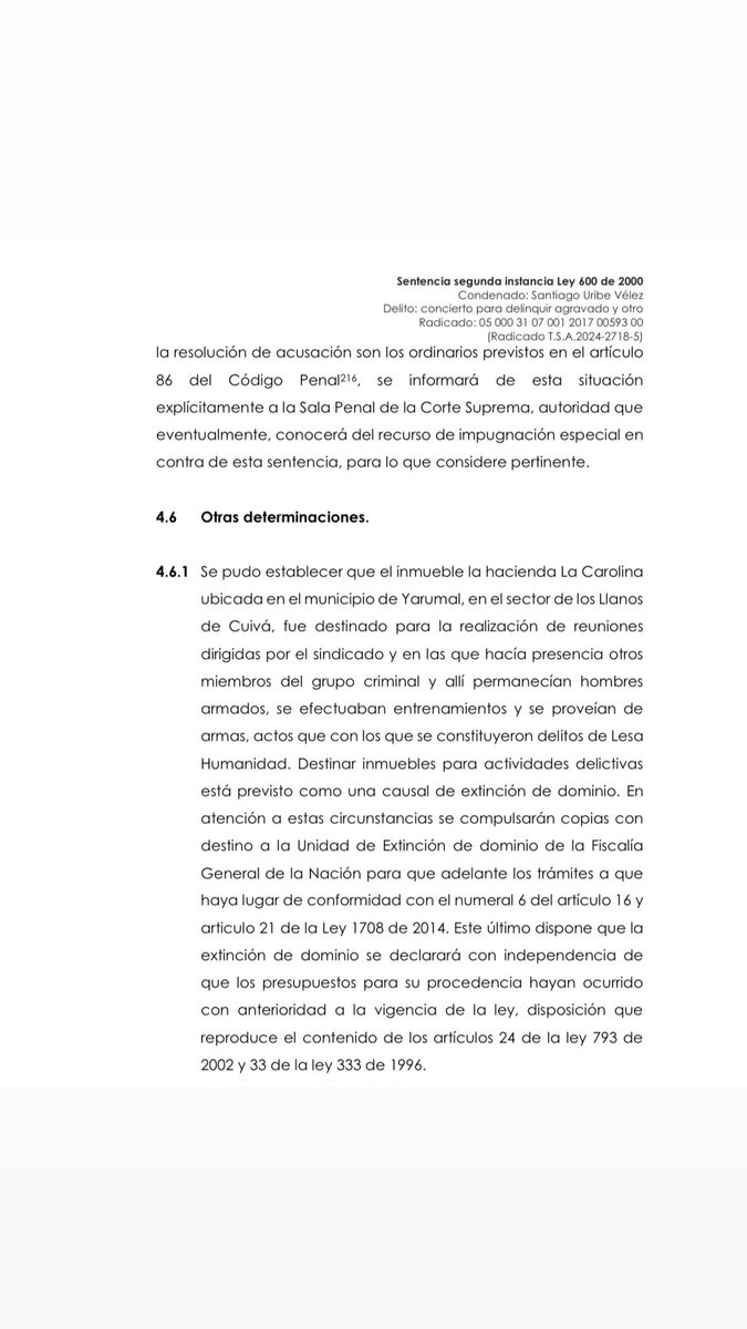 #ExtincióndeDominio Aquí está la orden de la Sala Penal del <a href="/TribunalA63779/">Tribunal Superior de Antioquia</a> para que la <a href="/FiscaliaCol/">Fiscalía Colombia</a> inicie el proceso de extinción de dominio de la hacienda La Carolina.

[x.com/sermeca/status…]