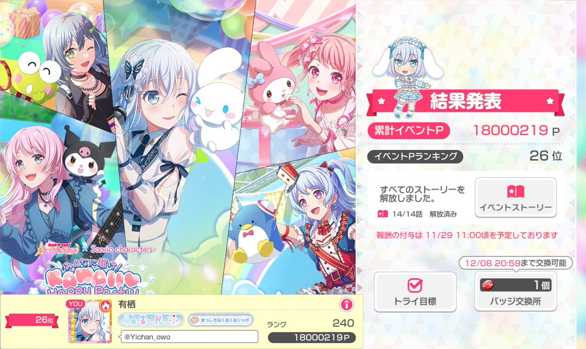 みんなに届け！KAWAII♡Happy Party！ Part2
 26位 18000219pt
本当に嬉しいです、お疲れ様！