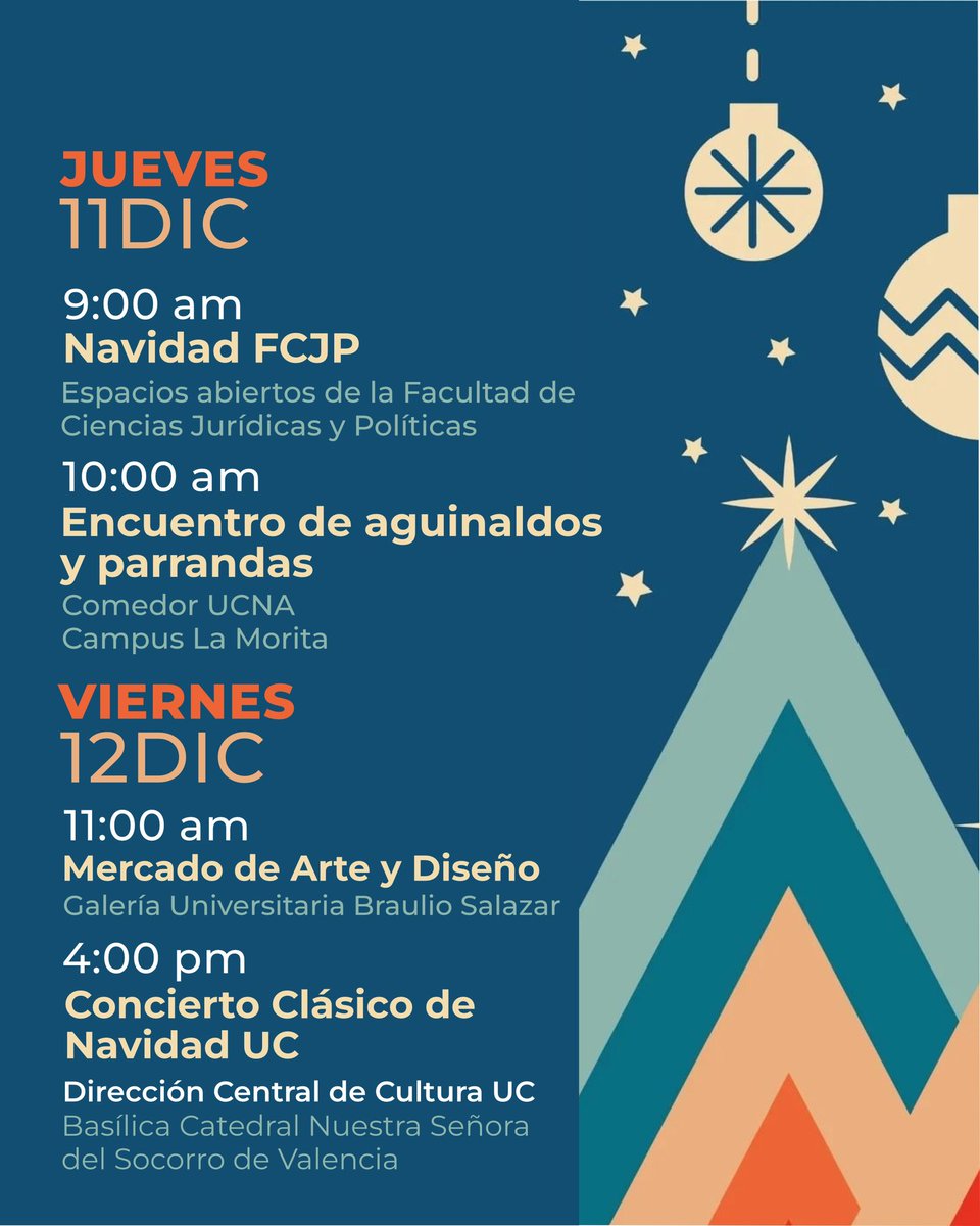 🎄 Acompáñanos en el Pregón de Navidad UC 2025, el lunes #1DIC a las 11:00 am en la Capilla Universitaria del Campus Bárbula.

Conoce la programación completa:

🎶 Parrandas y Gaitazo
🛍️ Bazares
✨ Nacimientos y Concierto Clásico

(2/2) instagram.com/p/DRnMncrERJ-/…