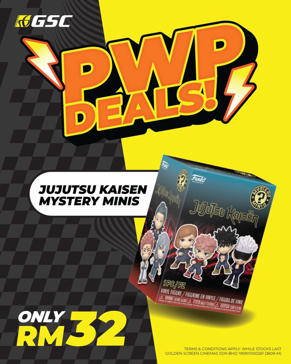 GSCinemas's tweet image. ⚡️ PWP DEALS ARE BACK! ⚡️

🚨 Calling all Jujutsu Kaisen fans! Grab your Mystery Minis for ONLY RM32 with any purchase of F&amp;amp;B product at GSC locations nationwide! 😍

Which character will YOU unlock? 👀✨

#GSC #JujutsuKaisen #PWPDeals #KeepsakebyGSC