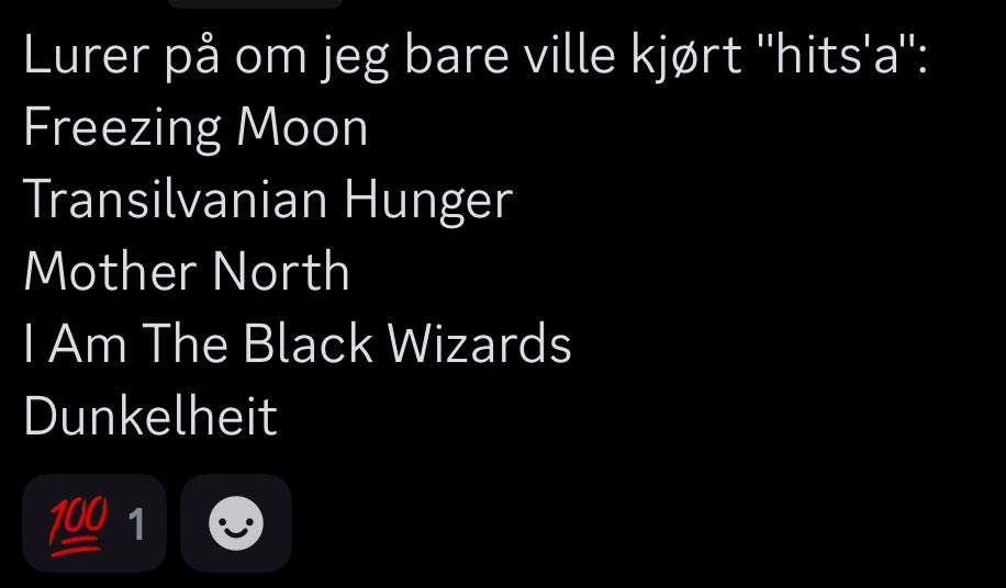 brutenorse's tweet image. Preiker starterpacks for norske BM-klassikere for folk som ikke vet bedre.
Transylvaian Hunger
Det som en gang var
Maaneskyggens slave
Freezing Moon
Night of the graveless souls