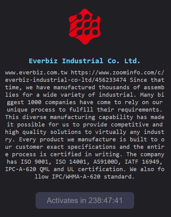 FalconFeedsio's tweet image. 📢 Ransomware Alert: 🇹🇼

Everbiz Industrial Co., Ltd. (everbiz.com.tw), a Taiwan‑based manufacturer of wire harnesses and cable assemblies, has reportedly fallen victim to The Gentlemen Ransomware

NB: The group intends to publish the data within 10 days

🔍 Key Details:…