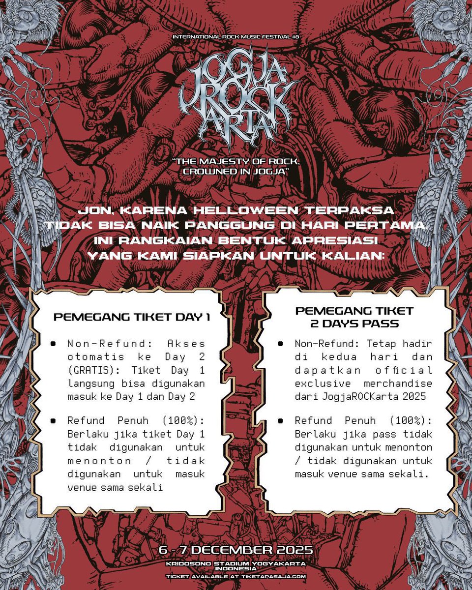 jogjaROCKarta's tweet photo. Berita berat yang harus kita telan bareng, Jon. Kami umumkan bahwa Helloween BATAL TAMPIL di JRF 2025 (dan seluruh Asia Tenggara).

Sebagai bentuk respect kami ke kalian yang udah pegang tiket, kami tawarkan OPSI KOMPENSASI yang bisa Jon cek detailnya di sini. 

#JogjaROCKarta https://t.co/cDM20VobGX