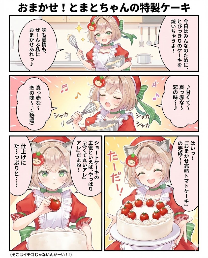 omakase_tomato's tweet image. おはとま！✨️🍅最近話題のナノバナで私がキャラデザ&amp;amp;描いたアバターを元に、4コマ漫画を生成してもらったよ！どうかな？\_へ(´ω` )ﾎﾟﾁｯ(2つ並んでるコマは左から読むみたい)

今日もみんな1日健やかに✨️

#おはようVtuber #個人勢セルフ受肉