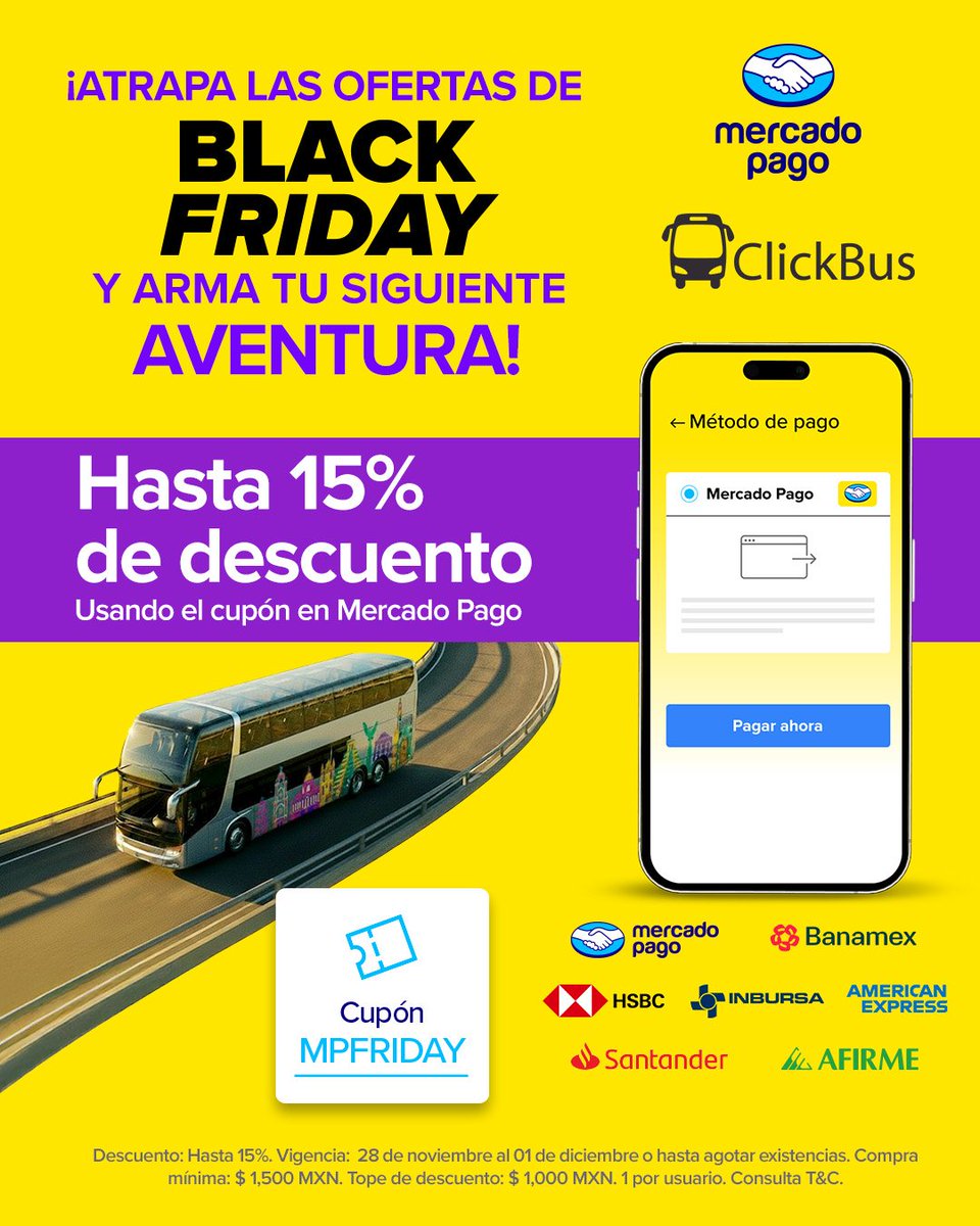 Click_Bus's tweet image. ¡Este Black Friday vete de viaje!🔥

Obtén hasta un 15% off al pagar con Mercado Pago en ClickBus 🚍

Cupón: MPFRIDAY
 
Entra ahora a ClickBus 👉 clickbus.com.mx 

⚠️ Vigencia:  28 de noviembre al 01 de diciembre. 

Consulta T&amp;amp;C ➡️  mpago.li/2Nxy66d

#Ofertas