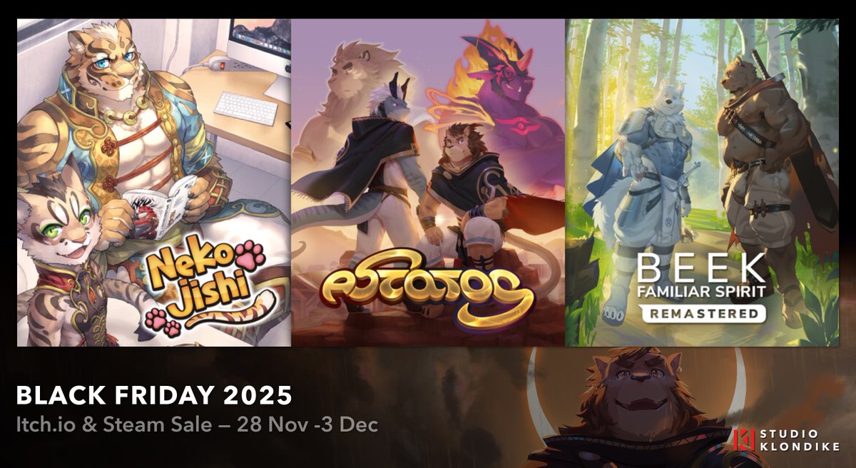Our Black Friday sale is here!

Save on all Studio Klondike games and help support the team — DLC and original soundtracks included.

Go check out the sales on steam &amp; itchio!
#Nekojishi #Astatos #Beek