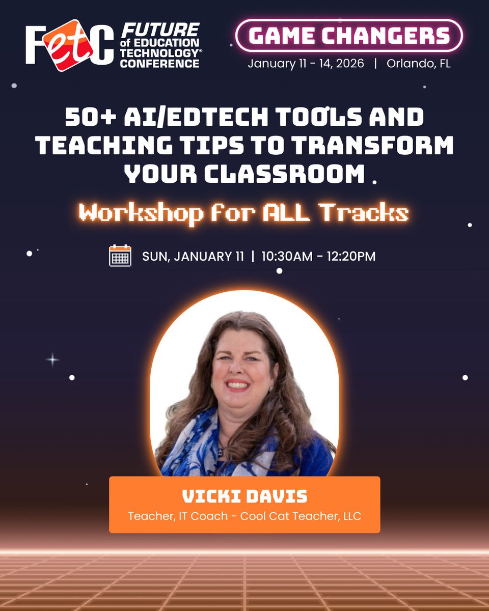 fetc's tweet image. Cut through the AI noise! 💻🧑‍🏫 Join @coolcatteacher for 50+ AI/EdTech tools that boost learning, coding, and collaboration. Practical ideas you can use in any classroom. Don’t miss it! 🚀

🎟️: bit.ly/46SV2wy 
🗓️ January 11
⏰ 10:30 a.m. - 12:20 p.m.