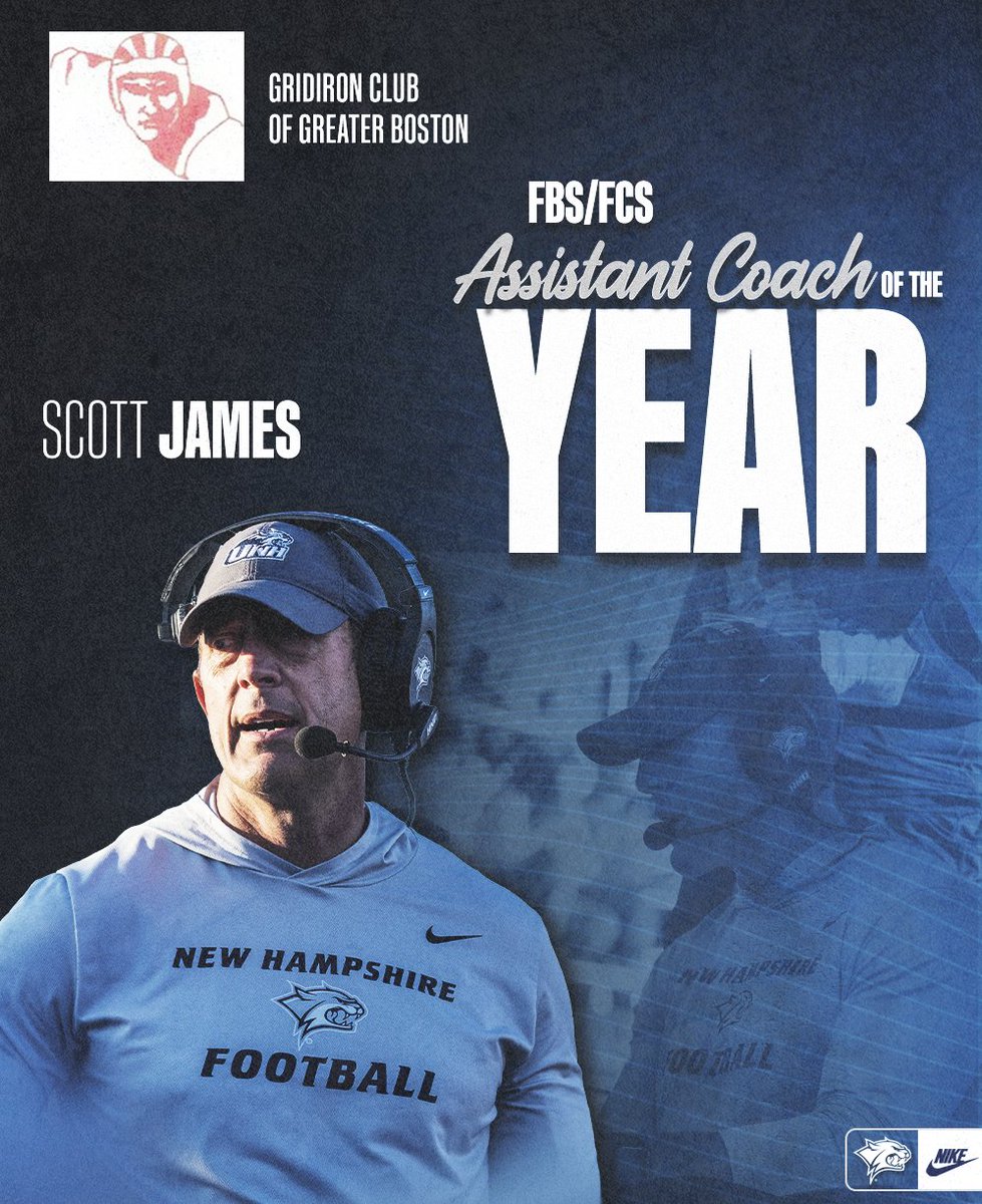 UNH_Football's tweet image. Congrats to associate head coach and defensive coordinator Scott James for being named the FBS/FCS Assistant Coach of the Year by the Gridiron Club of Greater Boston!

Press release ➡️ unh.short.gy/zGhsij

#BeTheRoar