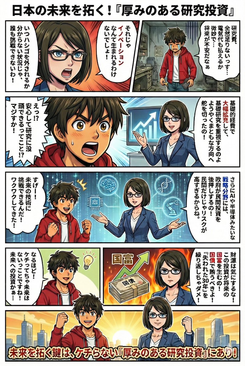 Y_Kaneko's tweet image. 高市首相、研究投資拡充を指示。国立大運営費交付金など：大学が長期的に研究者を雇用でき、若い才能が安心して挑戦できる環境がなければ、技術革新は進まない。運営費交付金などの予算が細り、いつ梯子を外されるかわからない状況では、誰も未来に賭けようとはしない。…
