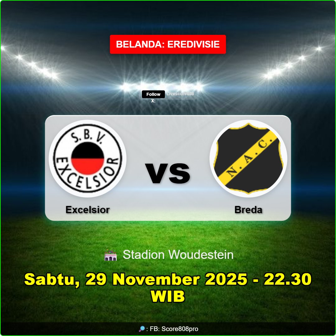 Livescore808's tweet image. Football action you need to know: 
⚽️ Excelsior vs Breda

📅 Sabtu, 29 November 2025, 22.30 WIB
🏟️ Stadion Woudestein
🏆 Belanda Eredivisie

#JadwalBola #Livescore808 #Excelsior #SoccerLive