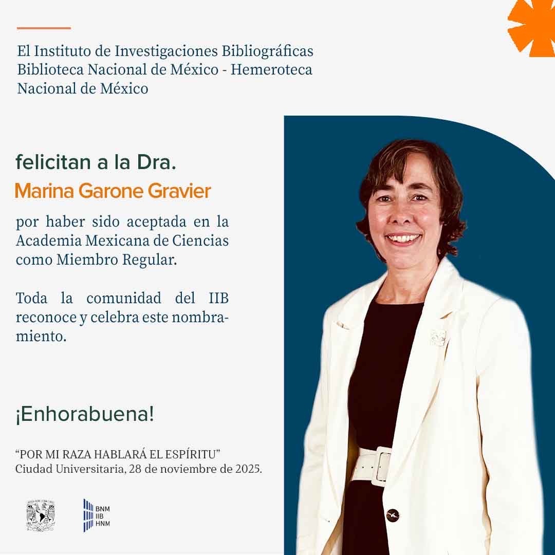 IIBUNAM's tweet photo. 📚📢 El Instituto de Investigaciones Bibliográficas, Biblioteca Nacional de México - Hemeroteca Nacional de México felicitan a la Dra. Marina Garone Gravier por haber sido aceptada en la Academia Mexicana de Ciencias como Miembro Regular.

¡Enhorabuena! https://t.co/mpcCkop2iz