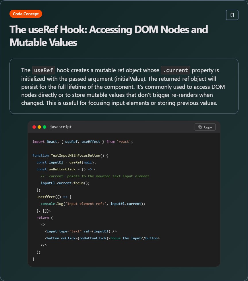 techielearns's tweet image. ✨ The useRef Hook: Accessing DOM Nodes and Mutable Values (React Development)

#ReactJS #Frontend #WebDev #React #100DaysOfCode #DevLife