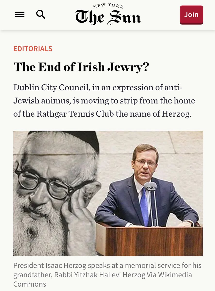 𝐓𝐡𝐞 𝐄𝐧𝐝 𝐨𝐟 𝐈𝐫𝐢𝐬𝐡 𝐉𝐞𝐰𝐫𝐲

Is that what <a href="/MichealMartinTD/">Micheál Martin</a> <a href="/SimonHarrisTD/">Simon Harris TD</a> want?

New York
The Sun

Nov. 28, 2025 05:12 PM ET

‘The push to rename "Herzog Park" in Dublin is but the latest effort to erase the history - and make intolerable the present experience of