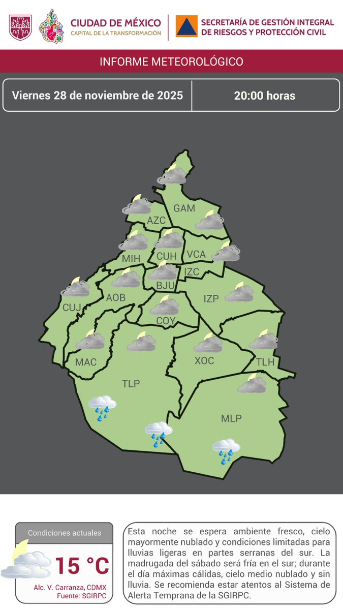 SGIRPC_CDMX's tweet image. Esta noche en la Ciudad de México, se espera ambiente #fresco, cielo  mayormente #nublado y condiciones limitadas para #lluvias ligeras en partes serranas del sur. 

🌡️ #Temperatura actual: 15 °C.

Mantente informado. #PronósticoDelTiempo #LaPrevenciónEsNuestraFuerza