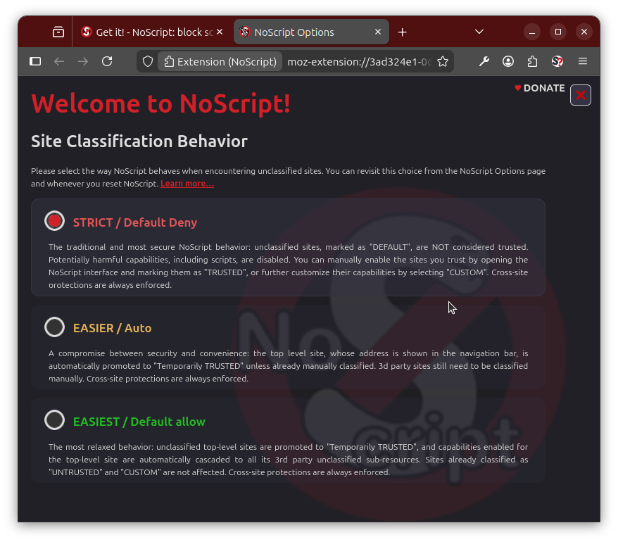 noscript's tweet image. #NoScript 13.5 is out, with many user experience improvements:
- cascade permissions&quot; mode
- onboarding / site classification behavior panel
- many content #usability and #security enhancements

Special thanks to @OpenTechFund for their strenuous support!

noscript.net