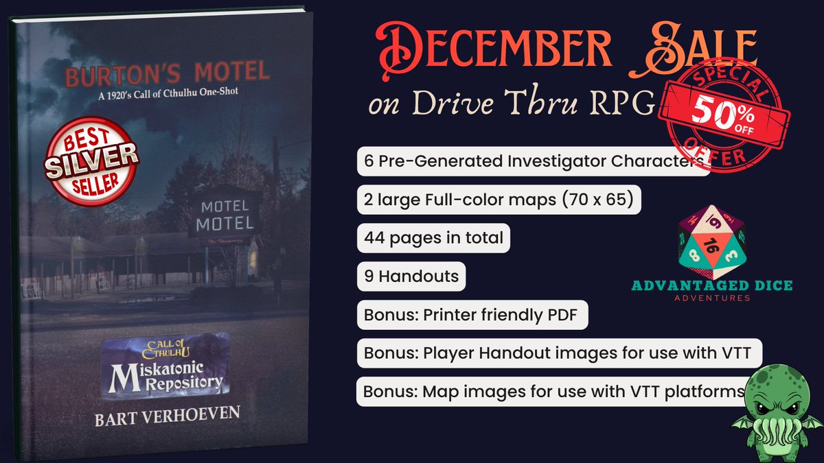 ✨The silver bestseller 'Burton's Motel' is now available in our December sale!✨
🥳 You can get this Call of Cthulhu module until the end of December with a 50% discount by using the link: drivethrurpg.com/browse.php?dis…
#SelfPromoSaturday #chaosium #CallOfCthulhu #ttrpg #ttrpgcommunity
