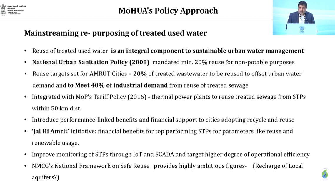 nwmgoi's tweet image. Sh. Rohit Kakkar shares insights on wastewater reuse in urban areas: 20% reuse targets for AMRUT cities, 40% industrial demand met through treated sewage, 80% water demand for agriculture irrigation &amp;amp; the Jal Hi Amrit initiative for top-performing STPs.
#SujalamBharat