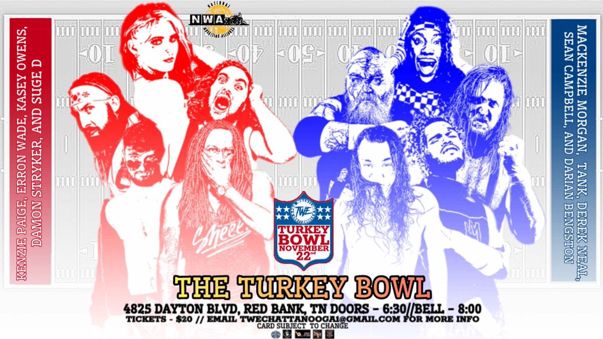 indiewrestling's tweet image. JUST ADDED

@TWE_Chattanooga presents
The Turkey Bowl

Featuring

@KenziePaige_1 @erronwade @thekaseyowens @Dmnstrkr @SugarDunkerton v @RealMKZMorgan @Tank_Est1996 @DerekNeal91 @DarianBengston @SeanCxmpbell
@jshook_75 v @CousinCondry
&amp;amp; more!

Watch it now
independentwrestling.tv/player/aMvNwOO…