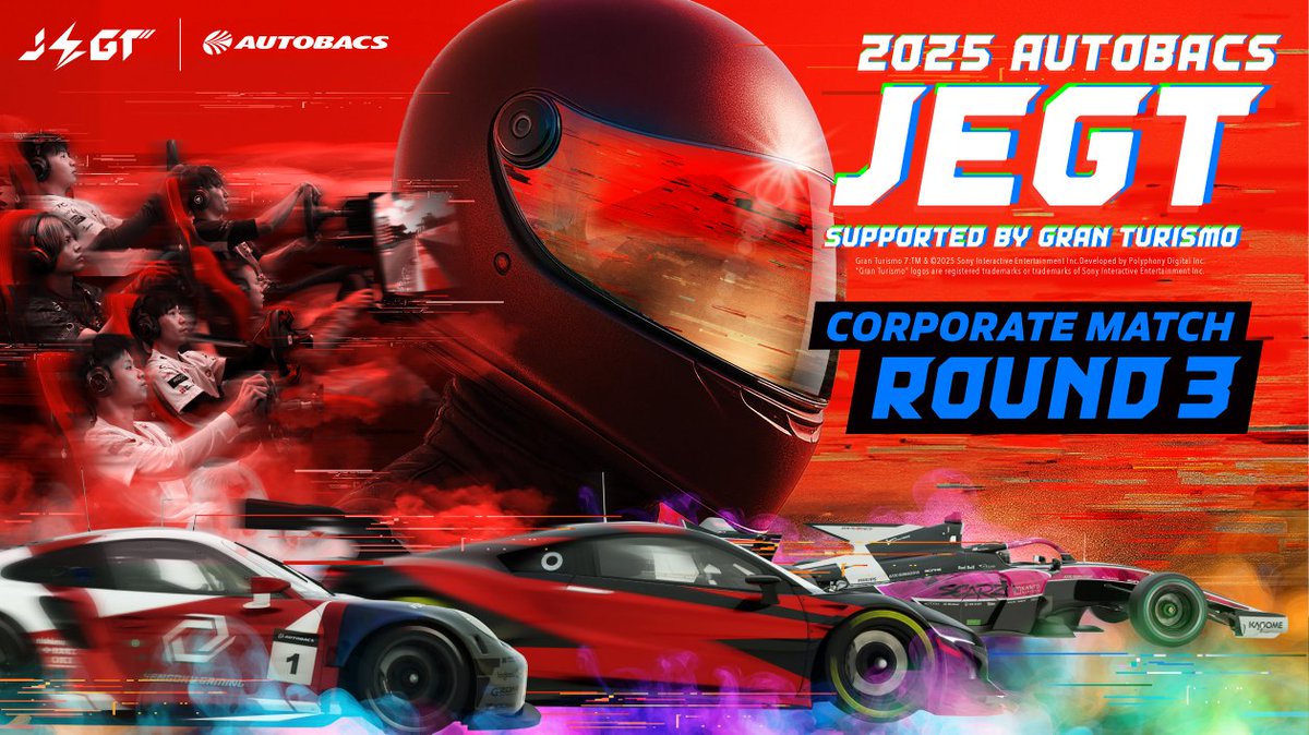 AUTOBACS_JEGT's tweet photo. 🚨まもなく配信スタート🚨
JEGT2025 企業対抗戦 Rd.3🔥

🕓 16:00〜ライブ配信開始！
このレースで、東京オートサロンで行われる最終戦Rd.4に進出するチームが決まる‼️

企業の威信を懸けたガチバトルを見逃すな💥
📺配信はこちら👇
https://t.co/ARBsNgo9R0

#JEGT2025 #eモータースポーツ #グランツーリスモ7