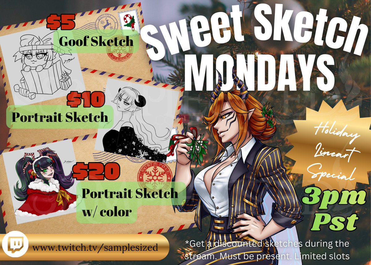 SamplesizedA's tweet image. DEC 1st Sweet Sketch Monday!! This time, a holiday theme. Tune in, Donate, and get art in complete lineart, instead of the usual sketch art.
Get something for a friend, your partner, or just for yourself.
Or just stop in and say hello to kick off the month &amp;lt;3
#Vtuber #artist