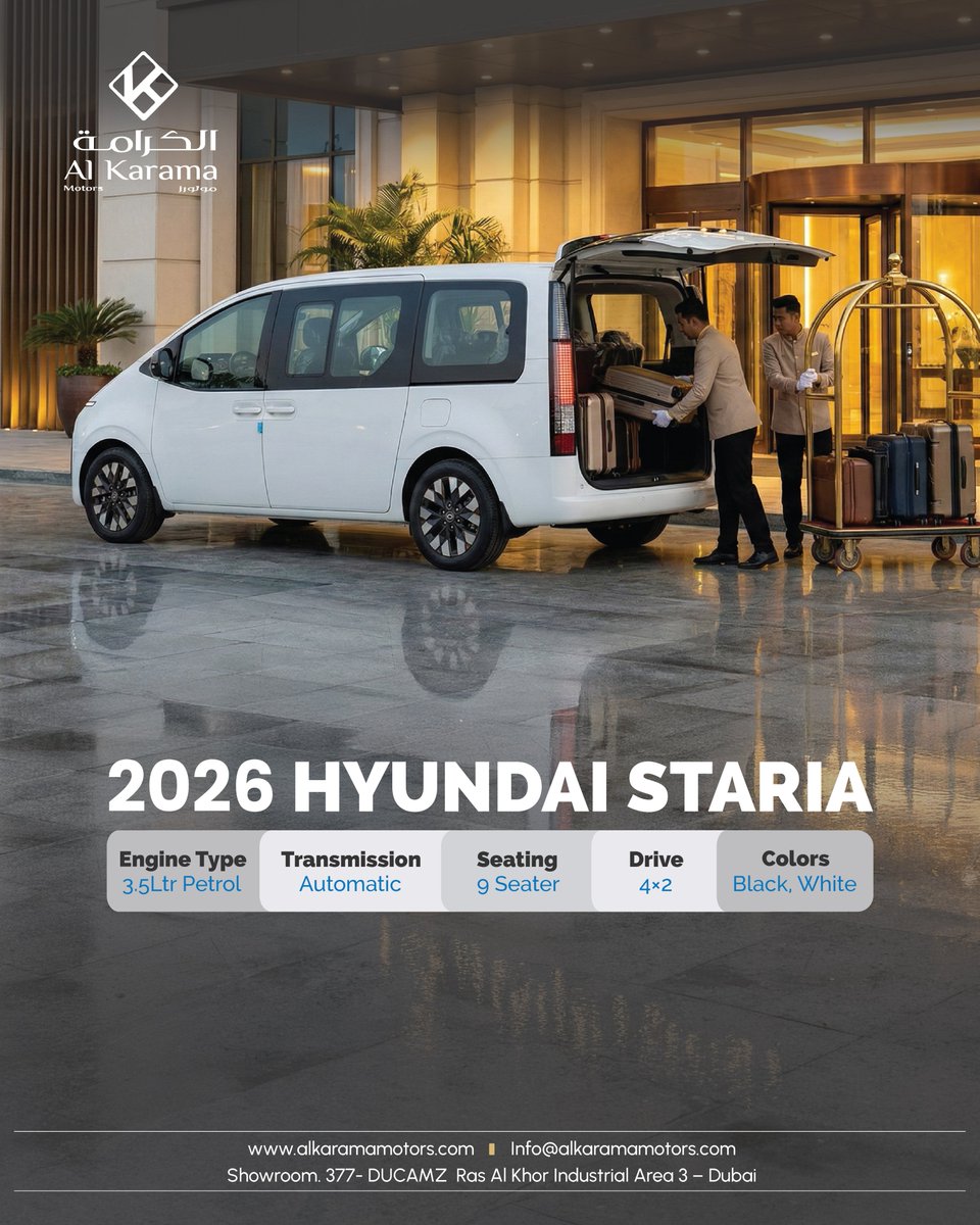Alkarama_Motors's tweet image. Experience luxury family travel with the Hyundai Staria 9-Seater. Spacious cabin, modern design, and comfort that fits daily use, business, or long trips. alkaramamotors.com/directory/hyun…

Inquire now on WhatsApp for the best deals!

#HyundaiStaria #9SeaterVan #DubaiCars #AlKaramaMotors