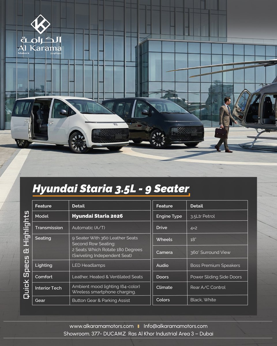 Alkarama_Motors's tweet image. Experience luxury family travel with the Hyundai Staria 9-Seater. Spacious cabin, modern design, and comfort that fits daily use, business, or long trips. alkaramamotors.com/directory/hyun…

Inquire now on WhatsApp for the best deals!

#HyundaiStaria #9SeaterVan #DubaiCars #AlKaramaMotors