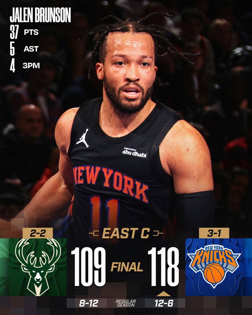 🏆 FRIDAY'S FINAL SCORES 🏆

Jalen Brunson and the @nyknicks win their 3rd in a row and advance to the @emirates NBA Cup Quarterfinals!

Giannis Antetokounmpo: 30 PTS, 15 REB, 8 AST
Kyle Kuzma: 20 PTS, 8-9 FGM  