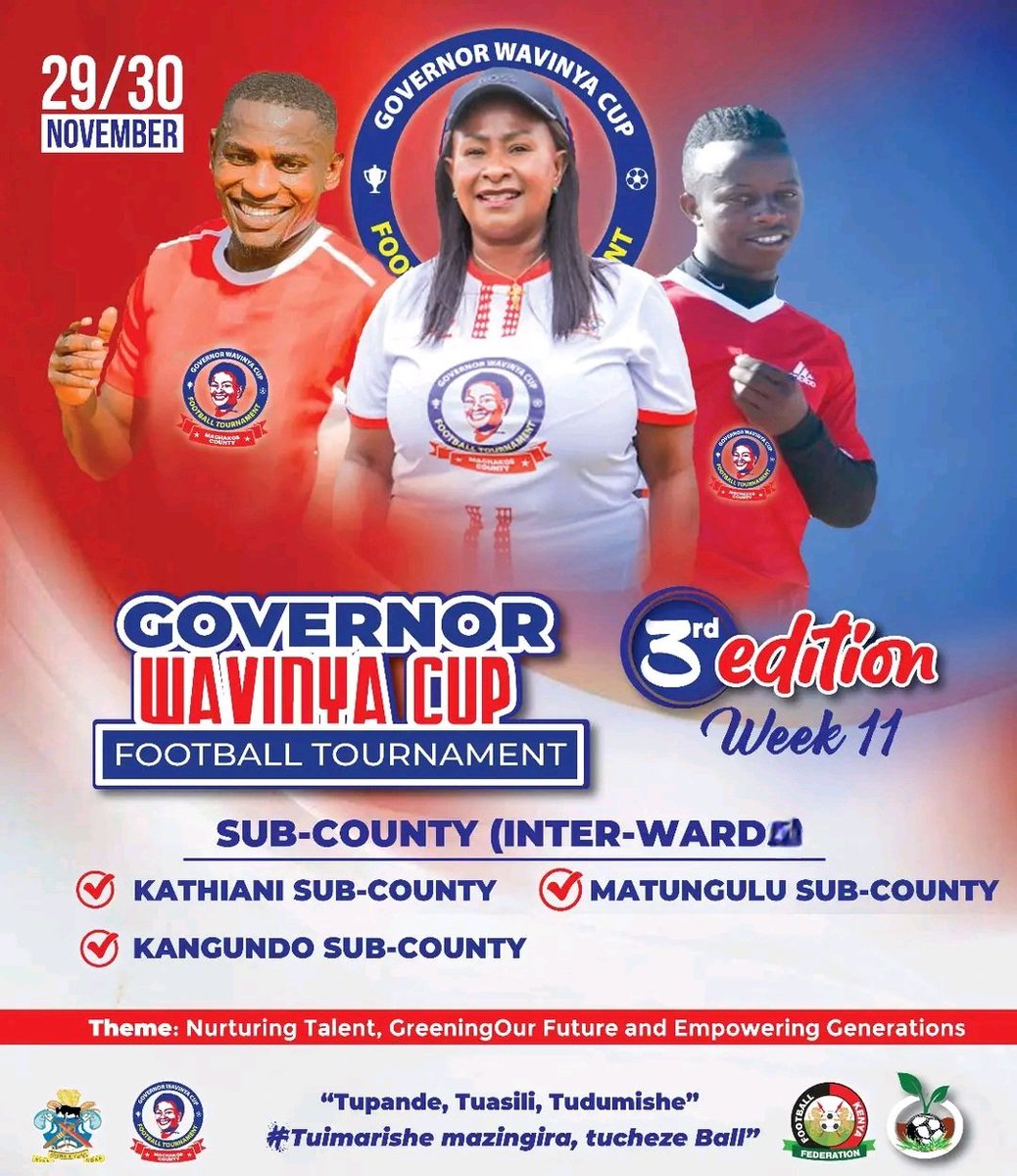 The Governor Wavinya Cup Third Edition inter-ward tournament kicks off today across Kathiani, Kangundo, and Matungulu Sub-Counties. I urge all players to bring their best to the pitch and encourage fans to come out in large numbers to cheer and support their teams.

I remain