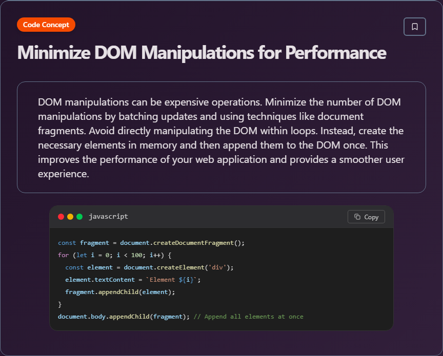 techielearns's tweet image. ✨ Minimize DOM Manipulations for Performance (JavaScript)

#JavaScript #WebDev #Frontend #JS #100DaysOfCode #DevLife