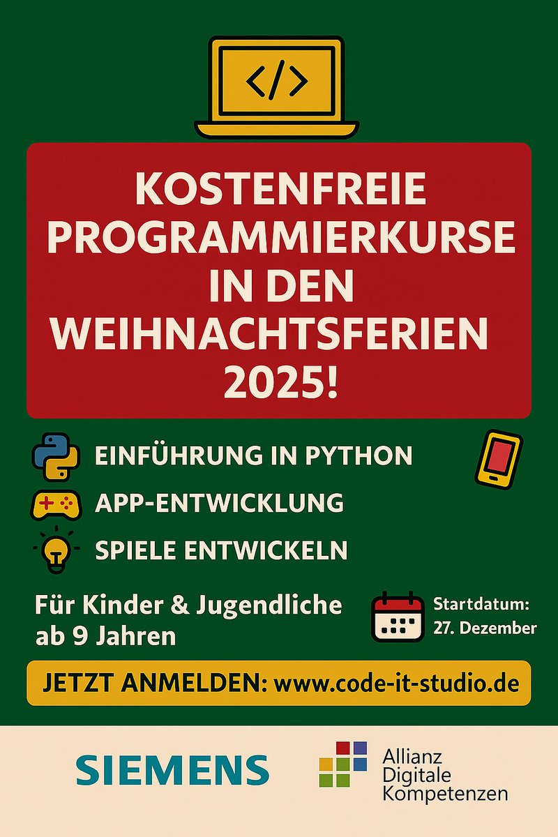 _code_it_'s tweet image. Unsere kostenfreien Weihnachtsferien-Programmierkurse sind online! 

Sichert euren Kindern am besten gleich hier einen Kurs: code-it-studio.de/kostenlose-pro… 

Gerne teilen und weiterleiten.