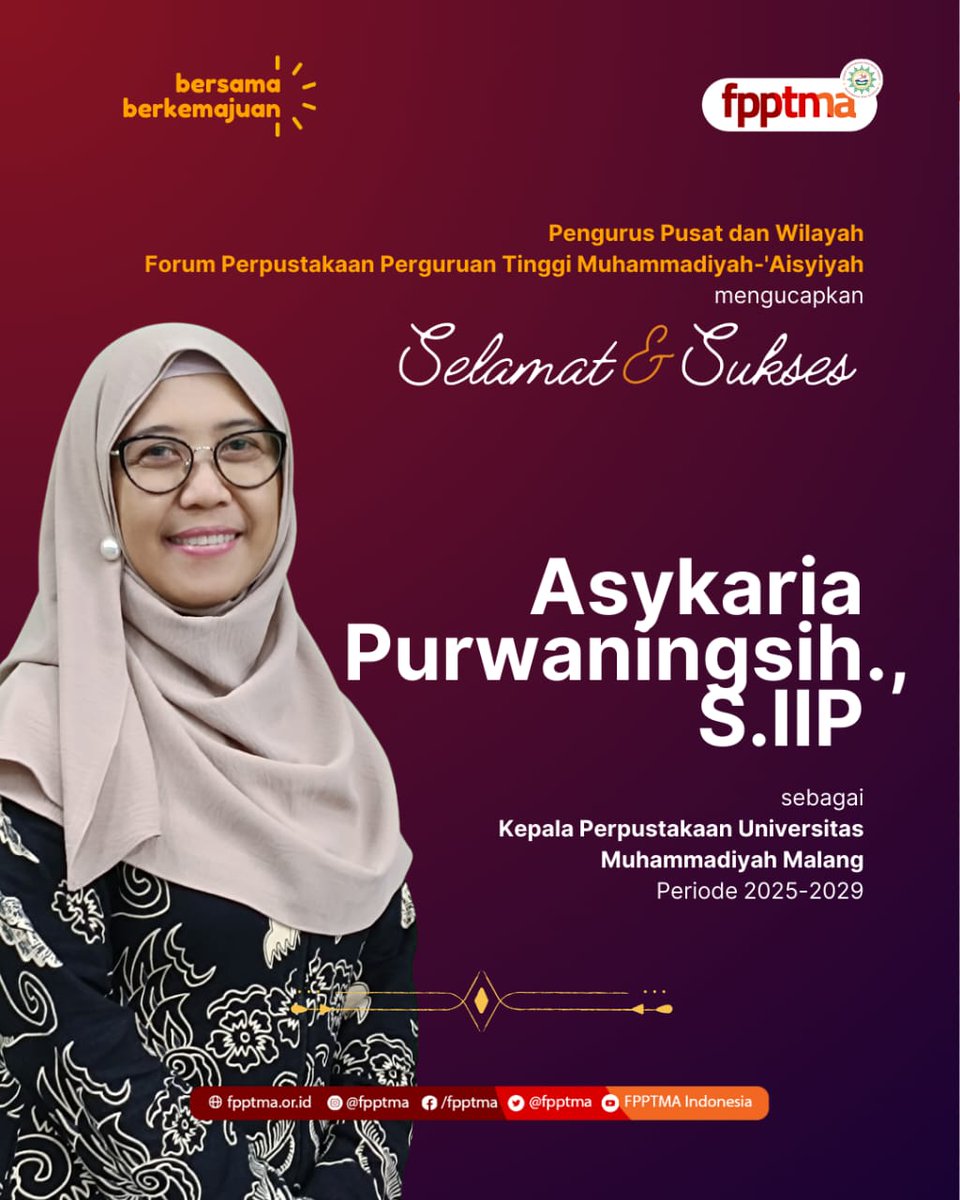 fpptma's tweet photo. Selamat dan sukses kepada Asykaria Purwaningsih, S.IIP atas amanah baru sebagai Kepala Perpustakaan Universitas Muhammadiyah Malang Periode 2025–2029. https://t.co/FHV3vE5ydl