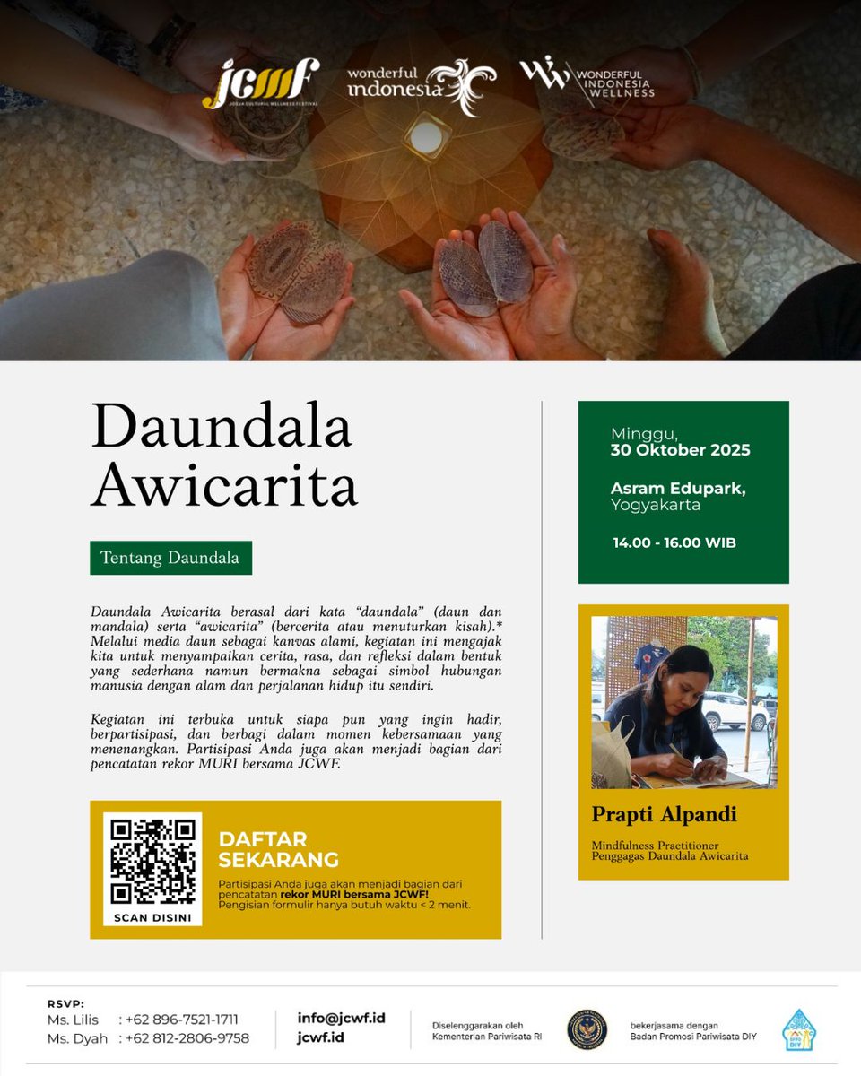 Daftarkan diri  sekarang untuk mengamankan slot  (kuota terbatas). Semua peserta akan dapat 1 tiket GRATIS nonton Kunto Aji malamnya ✨

Acara ini adalah bagian dari penutupan JCWF pada 30 November 2025, dipandu langsung oleh Prapti Alpandi.

#visitingjogja #explorejogja