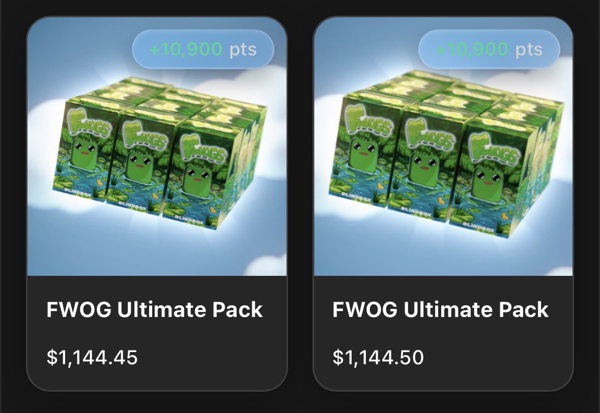 Fwog Ultimate Pack is now trading at $1,144.

This is another reminder to submit your EVM wallet on <a href="/phygitals/">phygitals</a>.

Single Pack: $25 → $75
Collector Pack: $130 → $530
Ultimate Pack: $240 → $1,144

The next illustration by Wut is going to be insane. Spam the shit outta his DMs so